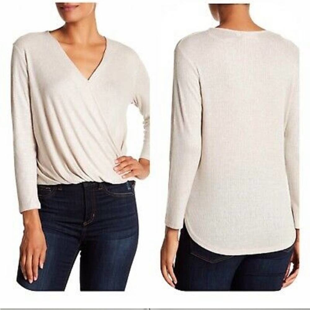 Everleigh ivory faux wrap long sleeve knit top
